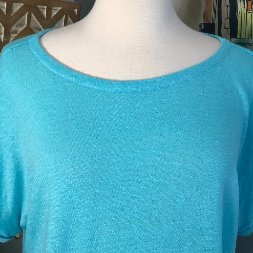 Charter Club Luxury Linen Top Women's size M Aqua Blue Short Sleeve NEW - Picture 6 of 6